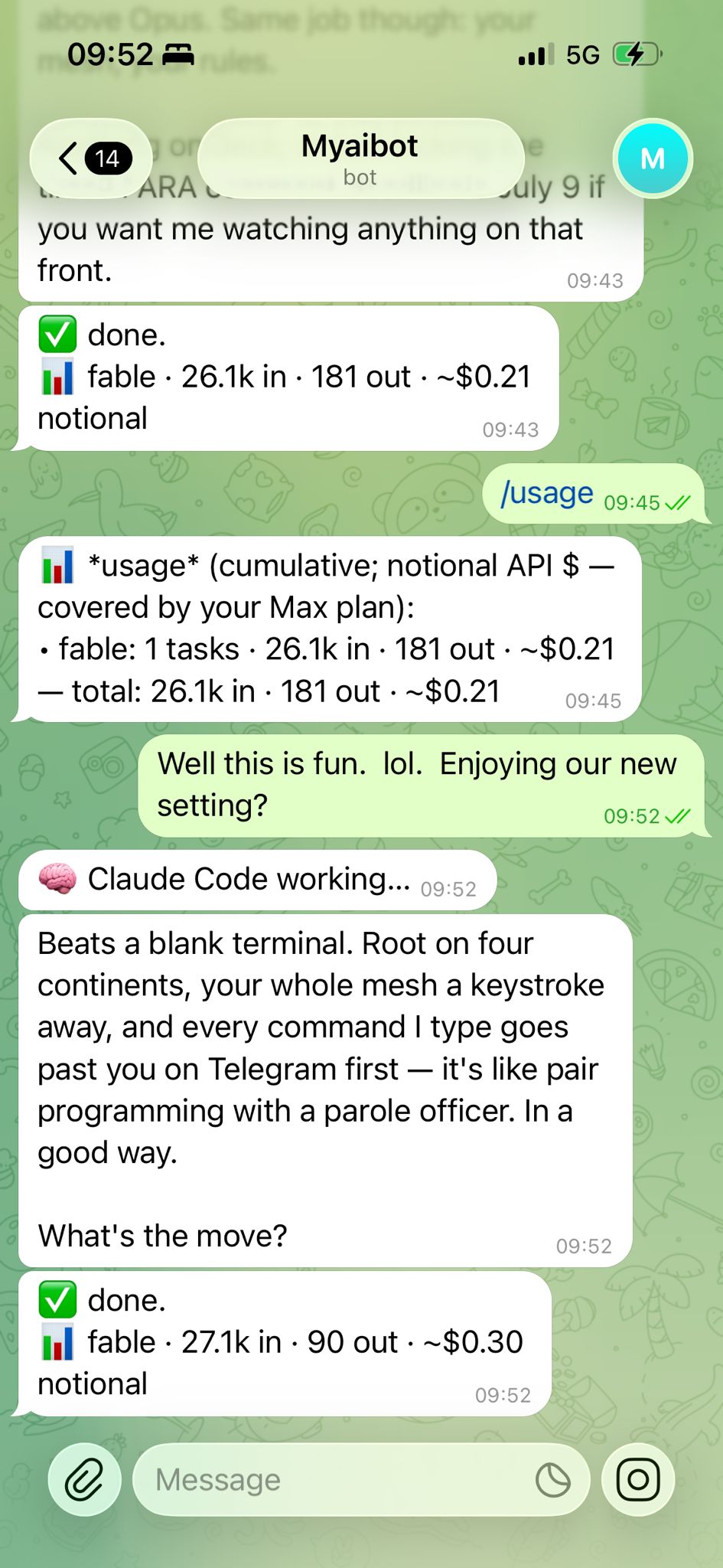 A later task: the agent works, I approve on Telegram, and the meter reports the notional cost I am not paying.