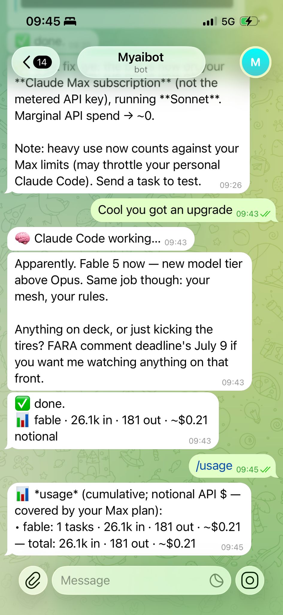 Driving a coding agent over Telegram: the agent finishing a task and reporting its token spend.