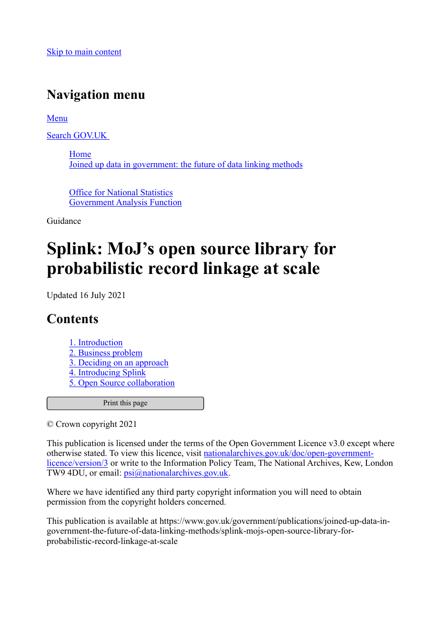 Screenshot p1: GOV.UK — Splink: MoJ’s open-source library for probabilistic record linkage at scale