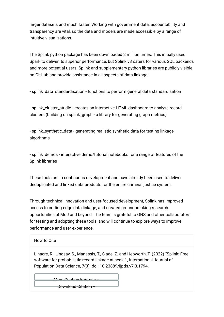 Screenshot p2: IJPDS — Splink (peer-reviewed, written by its MoJ developers)