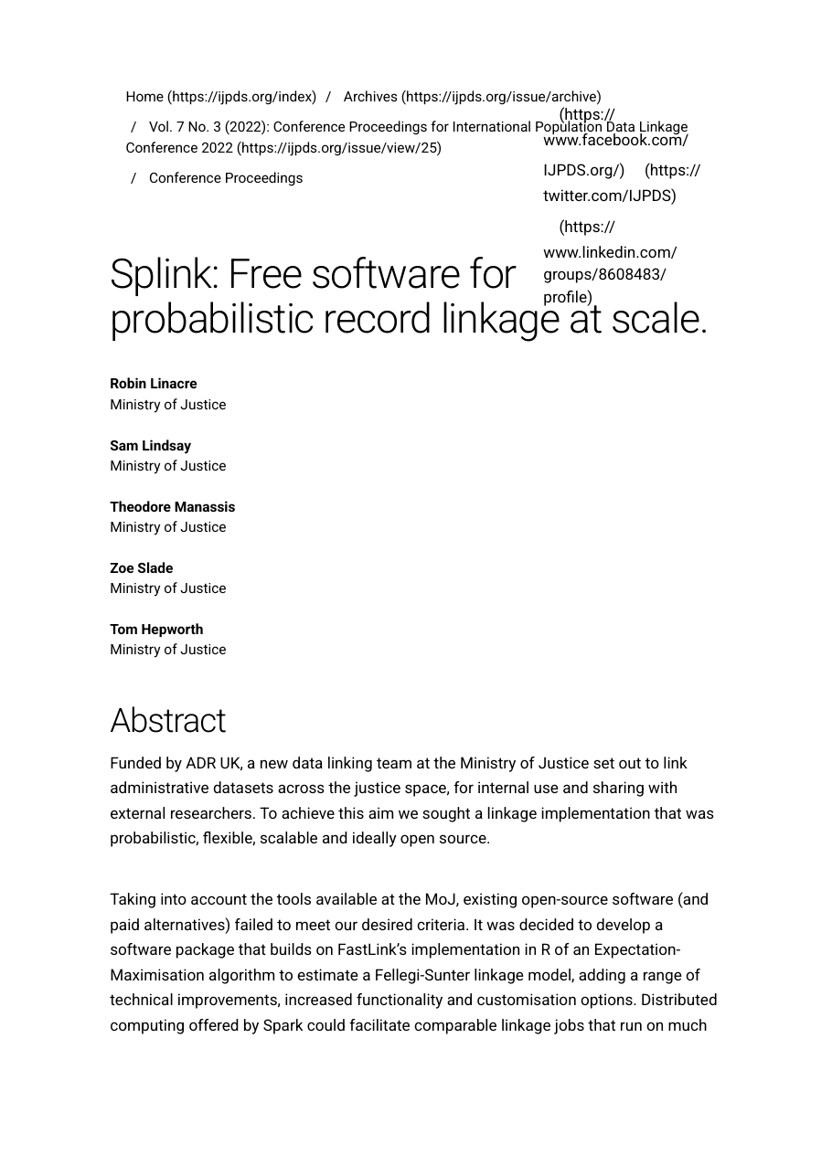 Screenshot p1: IJPDS — Splink (peer-reviewed, written by its MoJ developers)