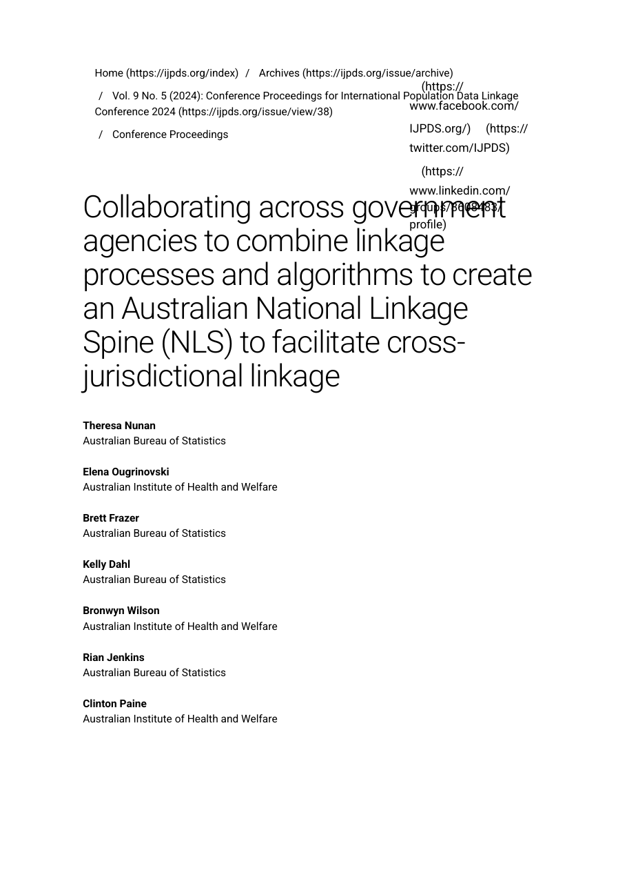 Screenshot p1: IJPDS — ABS/AIHW National Linkage Spine for the NDDA