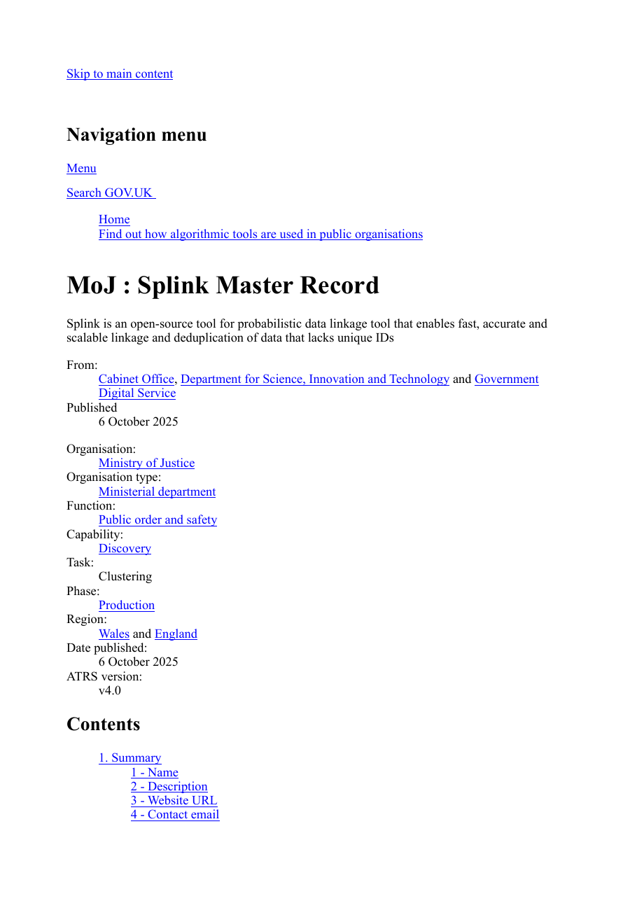 Screenshot p1: MoJ — “Splink Master Record”
