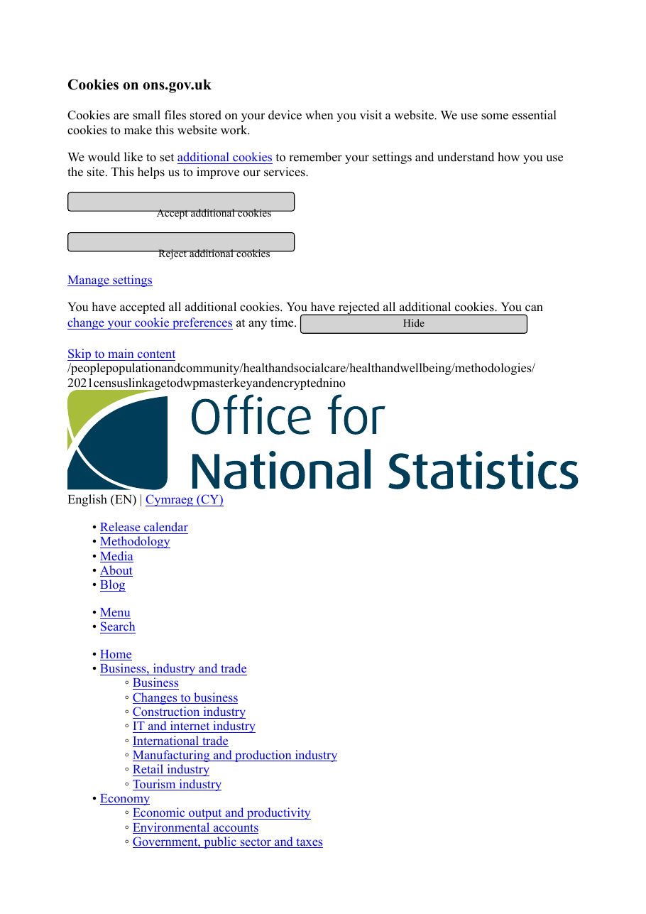 Screenshot p1: ONS — 2021 Census ↔ DWP / encrypted National Insurance number